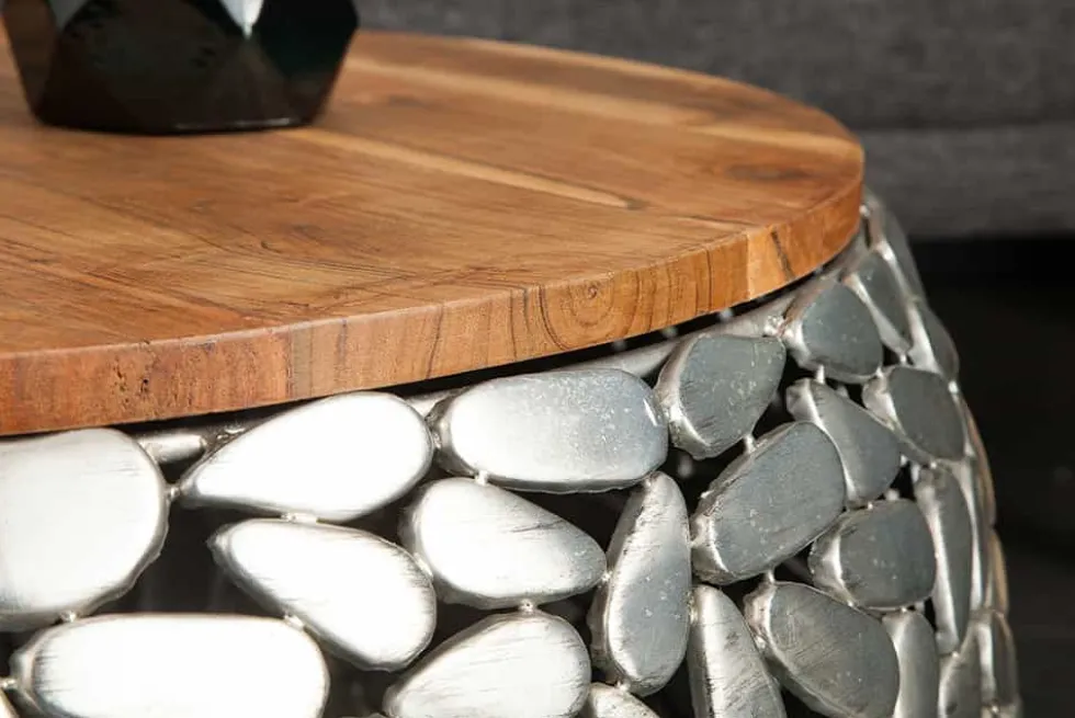 2er Set Runde Couchtische STONE MOSAIC 65cm silber Mangoholz Metall handmade Mosaik Design