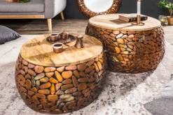 2er Set Runde Couchtische STONE MOSAIC 65cm kupfer Mangoholz Metall Mosaik Design handmade