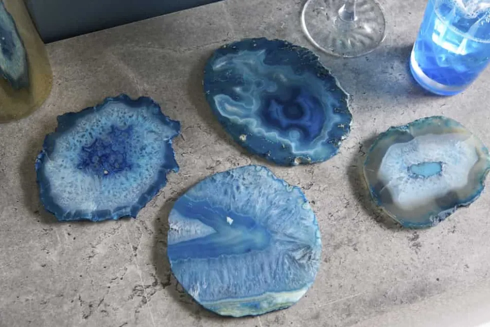 4er Set Untersetzer für Gläser COASTER 10cm blau Edelstein Achat Quarz handmade