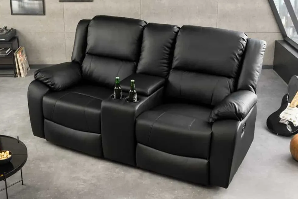 Exklusiver 2er Kinosessel HOLLYWOOD 190cm schwarz mit Liegefunktion und Getränkehalter