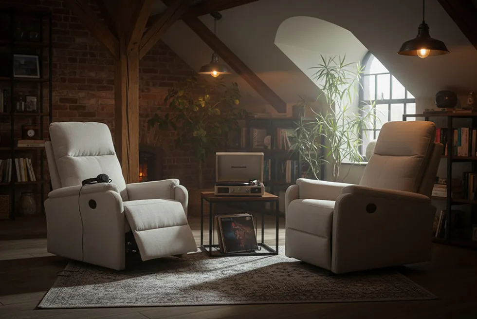 Exklusiver 1er Kinosessel HOLLYWOOD beige Strukturstoff elektrische Liegeposition