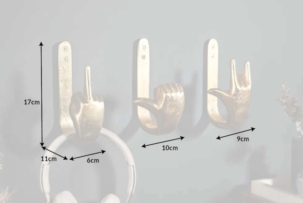 Extravagante Kleiderhaken FINGERS gold Metall-Aluminium 3er Set Wandgarderobe