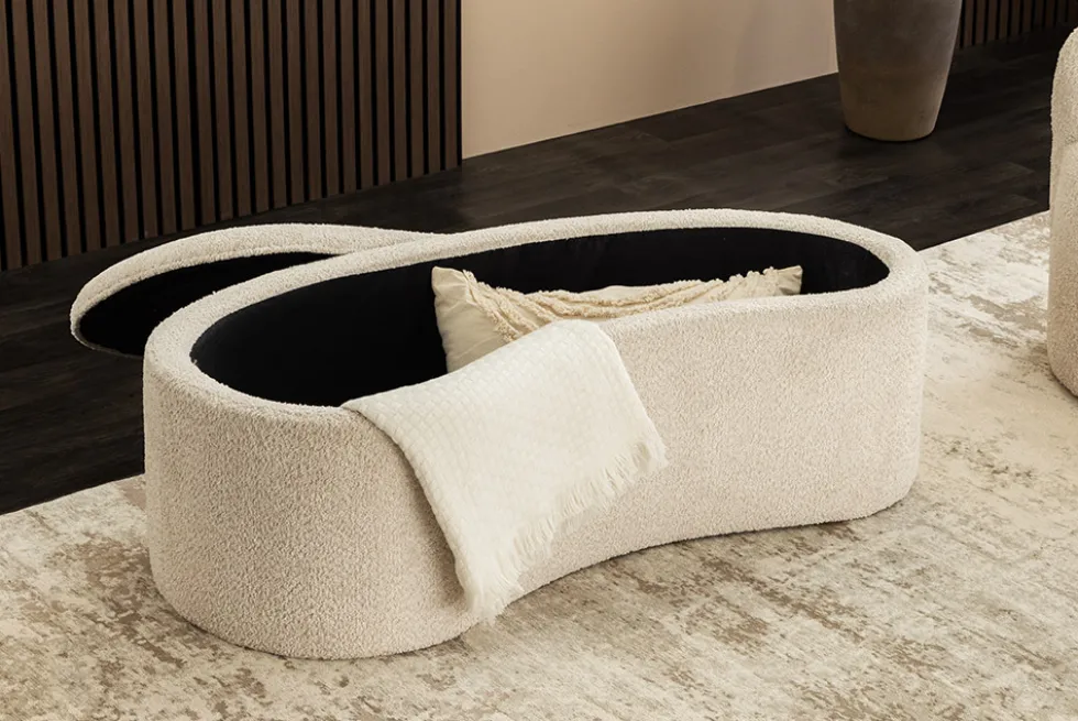 Extravagante Polsterbank ELEMENTAL 120cm champagner beige Feinstrick Bouclé mit Stauraum