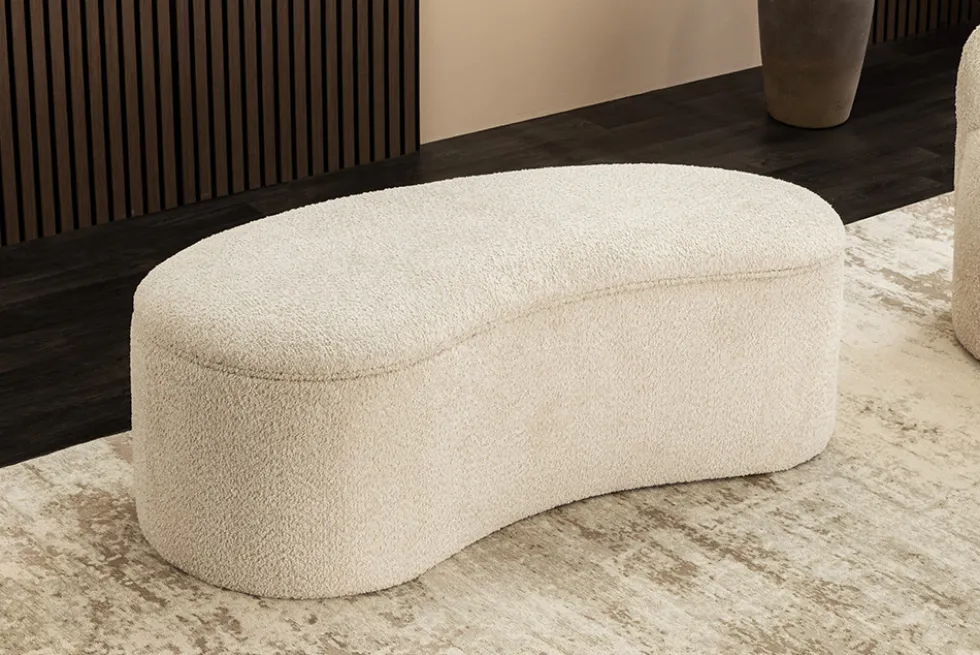Extravagante Polsterbank ELEMENTAL 120cm champagner beige Feinstrick Bouclé mit Stauraum