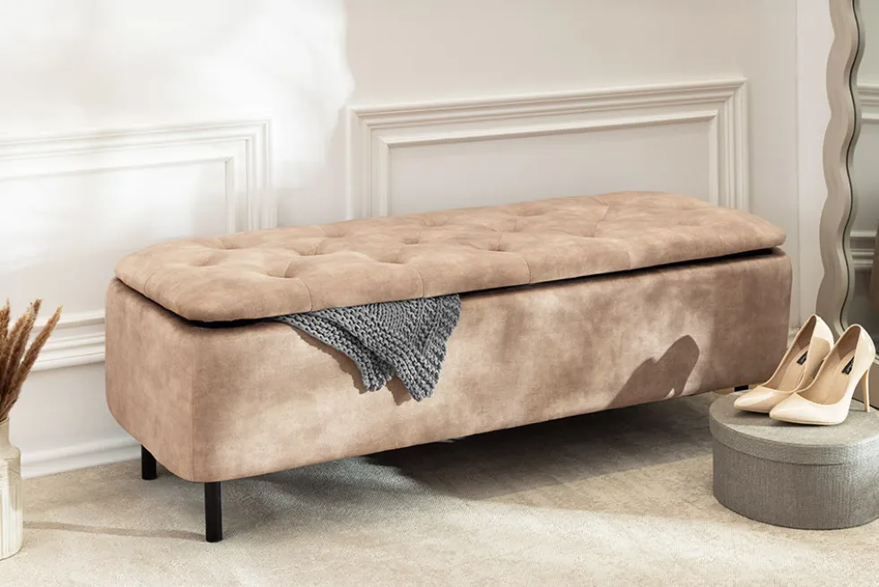 Extravagante Polsterbank EN VOGUE 120cm beige Samt mit Stauraum schwarze Metallbeine