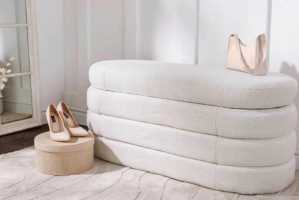 Extravagante Polsterbank VOGUE 115cm creme weiß Bouclé Sitzbank mit Stauraum