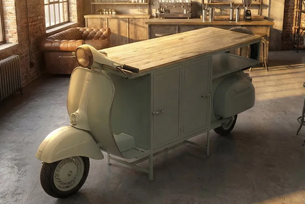 Extravaganter Barschrank SCOOTER 250cm salbei Retro-Konsole Motorroller mit Mangoholz Upcycling
