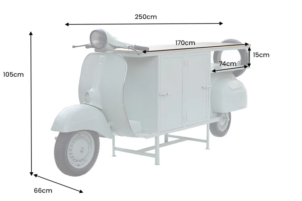 Extravaganter Barschrank SCOOTER 250cm salbei Retro-Konsole Motorroller mit Mangoholz Upcycling