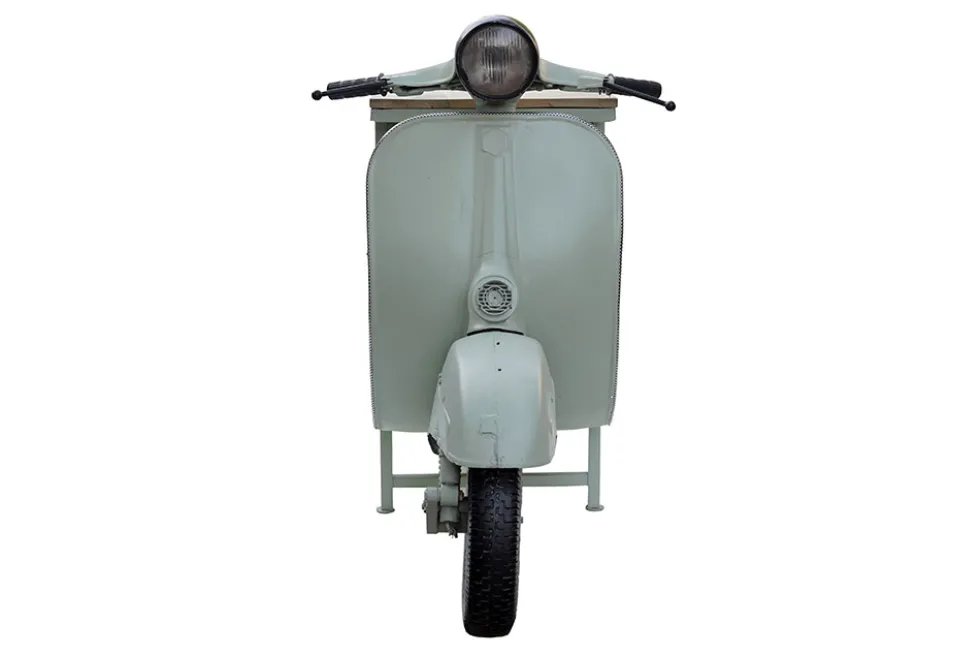 Extravaganter Barschrank SCOOTER 250cm salbei Retro-Konsole Motorroller mit Mangoholz Upcycling