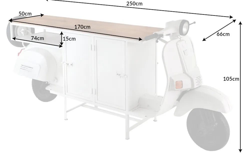 Extravaganter Barschrank SCOOTER 250cm weiß Retro-Konsole Motorroller mit Mangoholz Upcycling
