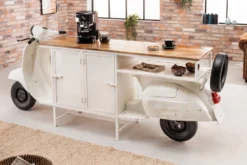 Extravaganter Barschrank SCOOTER 250cm weiß Retro-Konsole Motorroller mit Mangoholz Upcycling