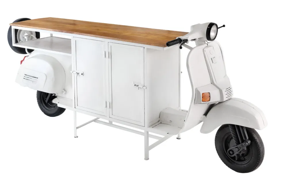 Extravaganter Barschrank SCOOTER 250cm weiß Retro-Konsole Motorroller mit Mangoholz Upcycling