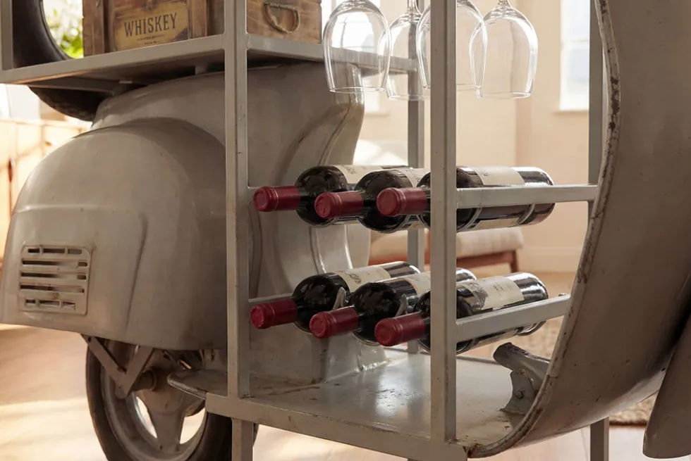 Extravaganter Bartisch SCOOTER 180cm salbei Retro-Konsole Motorroller Mangoholz Upcycling