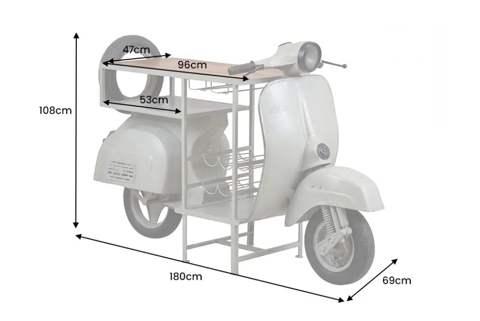 Extravaganter Bartisch SCOOTER 180cm salbei Retro-Konsole Motorroller Mangoholz Upcycling