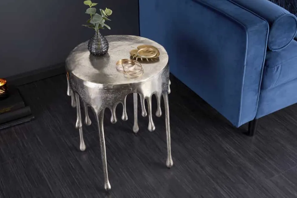 Extravaganter Beistelltisch LIQUID LINE 50cm silber Tropfen-Design Metall Aluminium rund