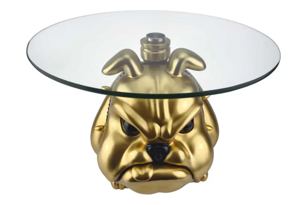 Extravaganter Couchtisch BULLDOG 55cm gold rund Hunde-Skulptur mit Glasplatte