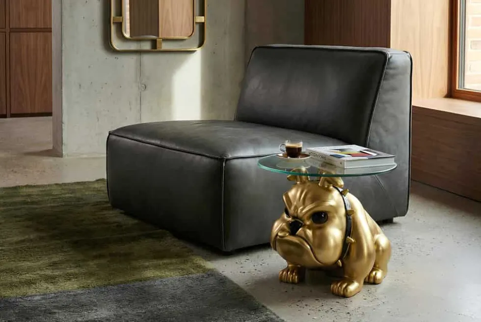 Extravaganter Couchtisch BULLDOG 55cm gold rund Hunde-Skulptur mit Glasplatte