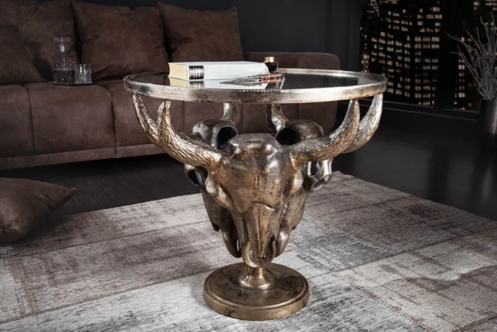Extravaganter Couchtisch MATADOR 56cm bronze Stierkopf mit Glasplatte