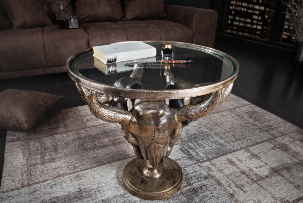 Extravaganter Couchtisch MATADOR 56cm bronze Stierkopf mit Glasplatte