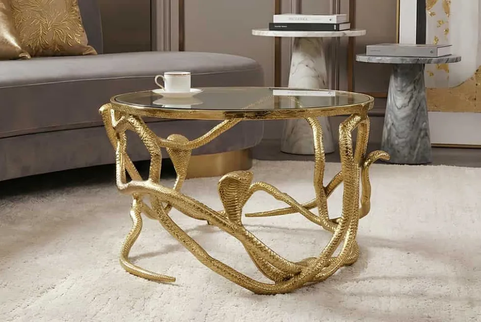 Extravaganter Couchtisch SNAKE 70cm gold rund Metall Schlangen-Skulptur Glasplatte