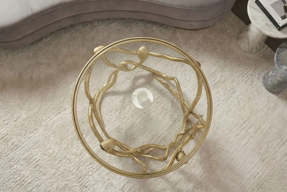 Extravaganter Couchtisch SNAKE 70cm gold rund Metall Schlangen-Skulptur Glasplatte