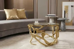 Extravaganter Couchtisch SNAKE 70cm gold rund Metall Schlangen-Skulptur Glasplatte