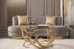 Extravaganter Couchtisch SNAKE 70cm gold rund Metall Schlangen-Skulptur Glasplatte
