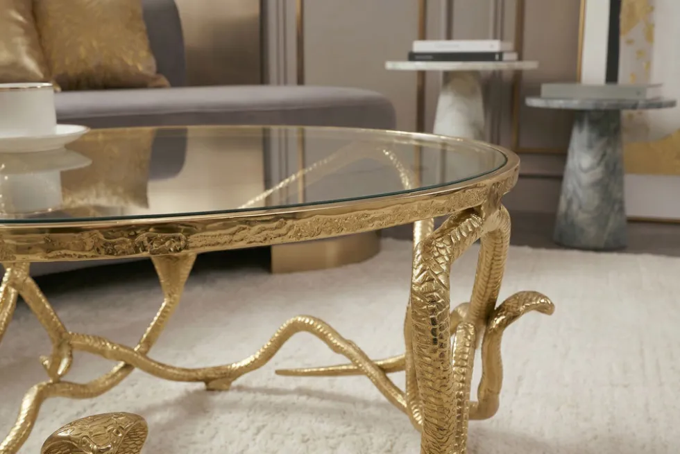 Extravaganter Couchtisch SNAKE 70cm gold rund Metall Schlangen-Skulptur Glasplatte