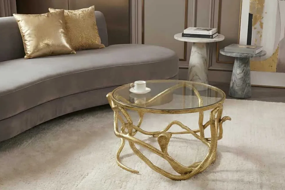 Extravaganter Couchtisch SNAKE 70cm gold rund Metall Schlangen-Skulptur Glasplatte