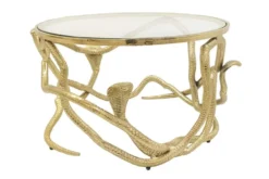 Extravaganter Couchtisch SNAKE 70cm gold rund Metall Schlangen-Skulptur Glasplatte