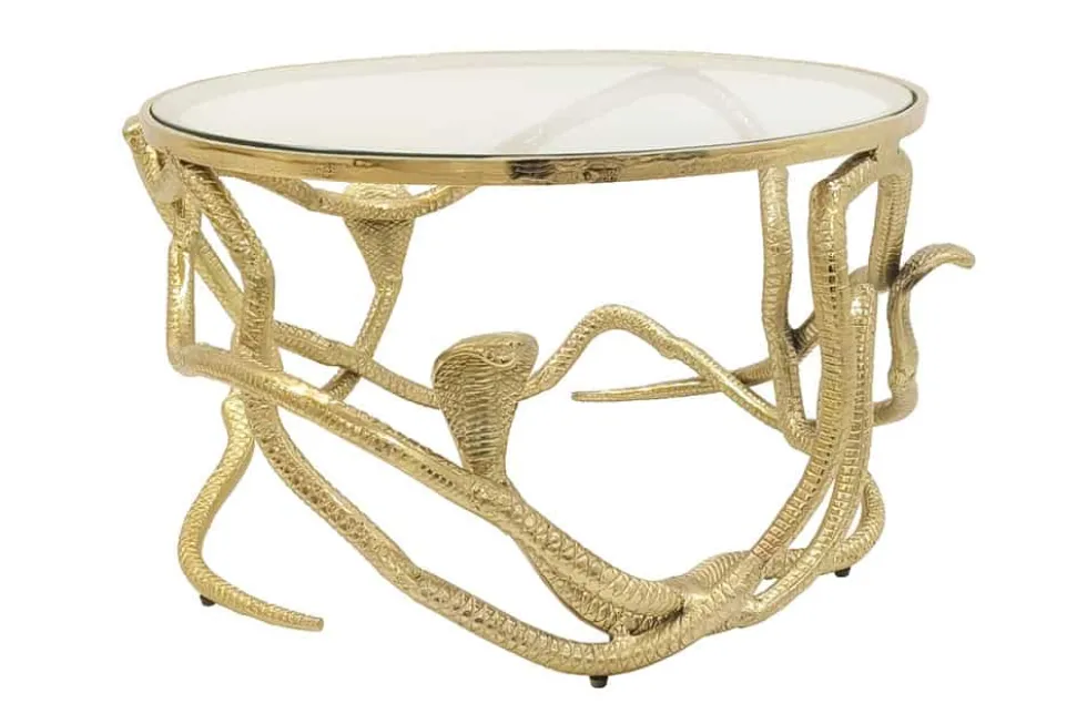 Extravaganter Couchtisch SNAKE 70cm gold rund Metall Schlangen-Skulptur Glasplatte