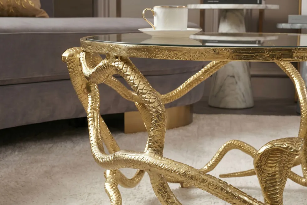 Extravaganter Couchtisch SNAKE 70cm gold rund Metall Schlangen-Skulptur Glasplatte