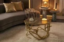 Extravaganter Couchtisch SNAKE 70cm gold rund Metall Schlangen-Skulptur Glasplatte