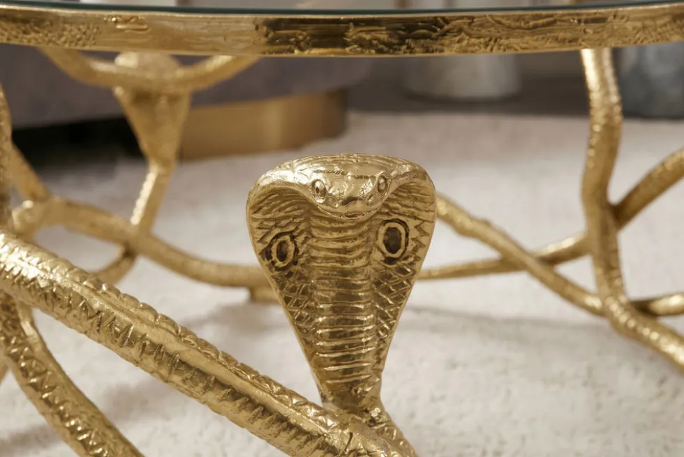 Extravaganter Couchtisch SNAKE 70cm gold rund Metall Schlangen-Skulptur Glasplatte