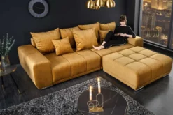 Extravaganter Hocker ELEGANCIA 110cm senfgelb Vogue Velours Samt mit Ziersteppung