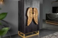 Extravagantes Highboard ANGEL 140cm schwarz Mangoholz mit goldenen Flügeln