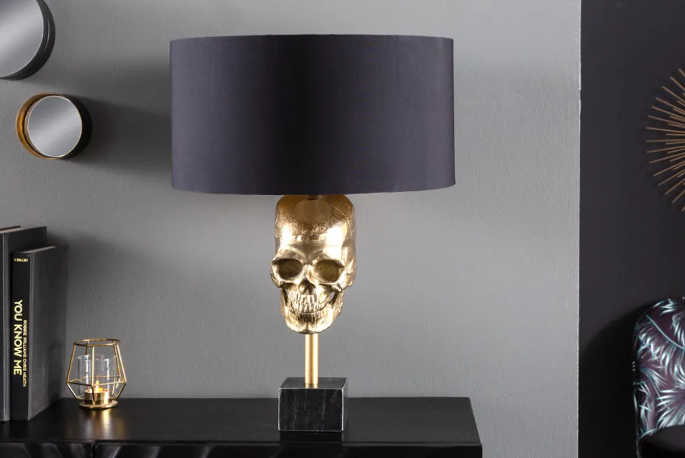 Extravagante Tischlampe SKULL 56cm schwarz gold Metall Totenkopf Skulptur Leuchte