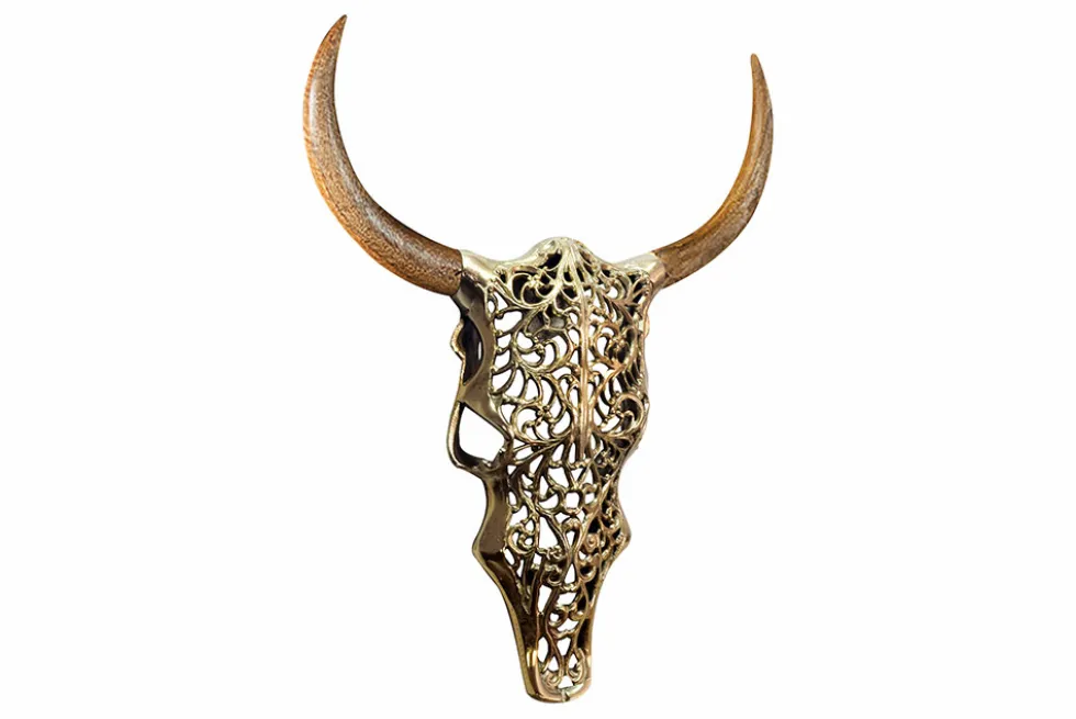 Extravagante Wanddekoration EXOTIC BULL 60cm gold Mangoholz Stierkopf