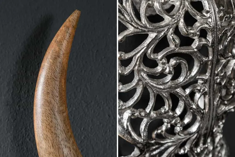Extravagante Wanddekoration EXOTIC BULL 60cm silber Mangoholz Stierkopf