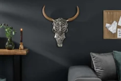 Extravagante Wanddekoration EXOTIC BULL 60cm silber Mangoholz Stierkopf