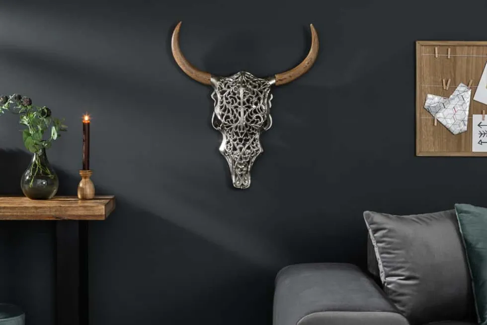 Extravagante Wanddekoration EXOTIC BULL 60cm silber Mangoholz Stierkopf