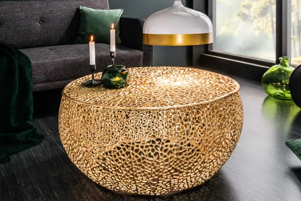 Filigraner Design Couchtisch ABSTRACT LEAF 80cm gold Handarbeit