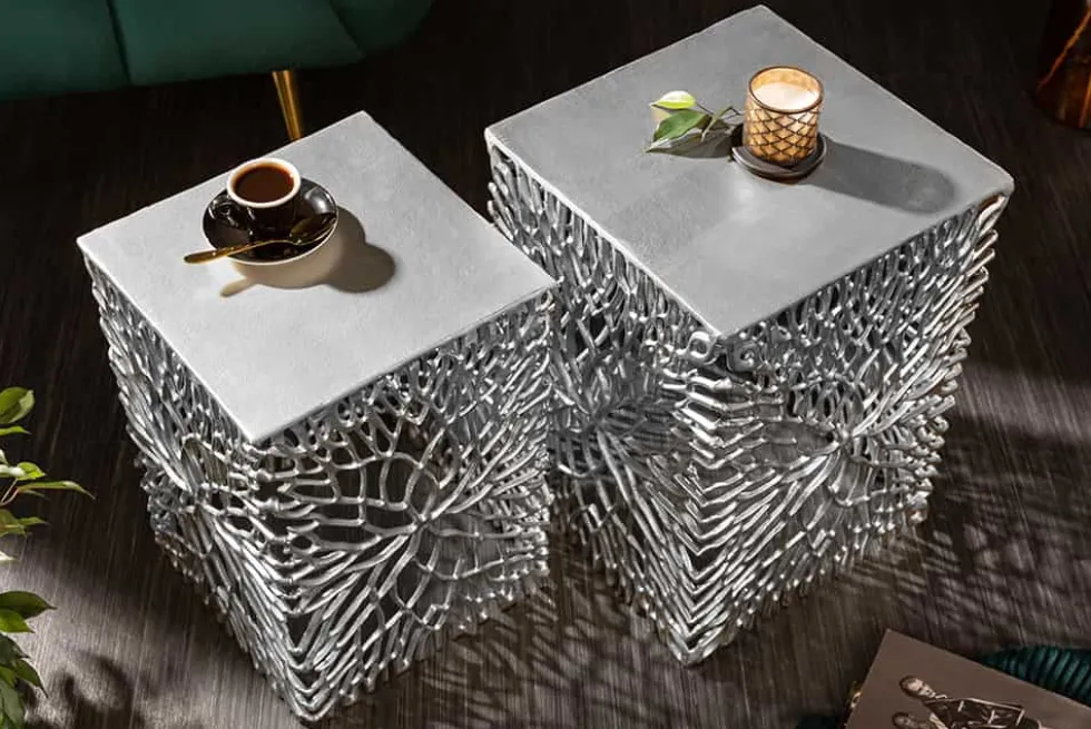Filigranes Beistelltisch 2er Set ABSTRACT LEAF 45cm silber Handarbeit