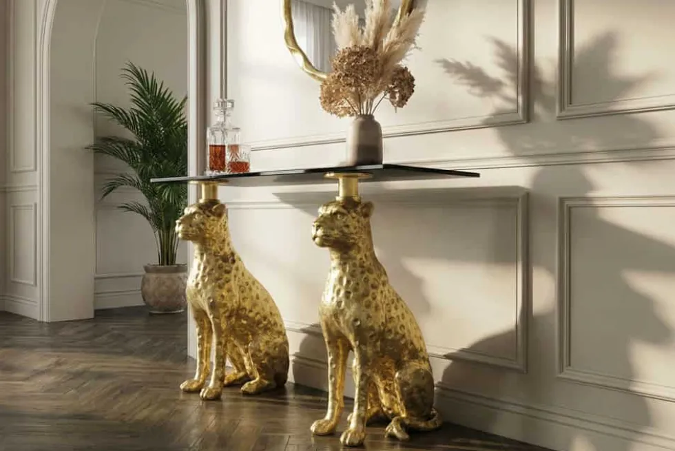 Freistehender Konsolentisch PANTHER 115cm gold Metall mit Marmor-Platte handmade