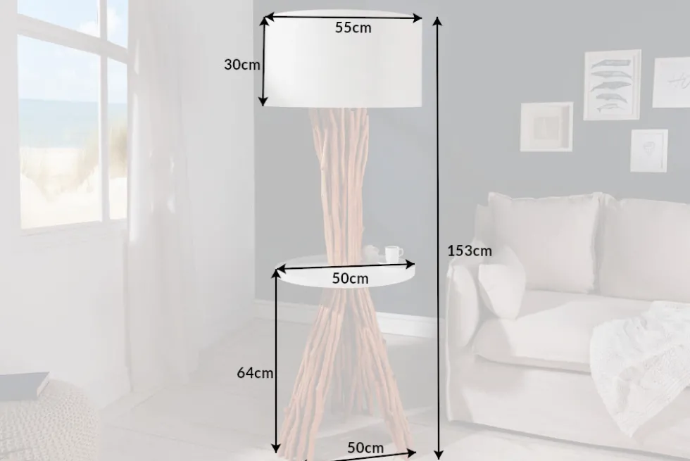 Funktionelle Stehlampe SERVANT 153cm Longan-Massivholz mit Tisch und Leinenschirm