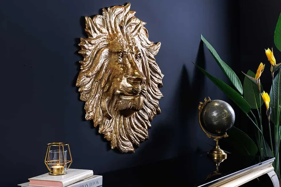 Goldene Wanddeko WILDLIFE LION 60cm gold Metall Löwenkopf-Skulptur handmade