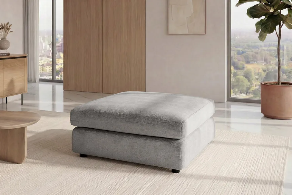 Großer Hocker SOHO 100cm grau Chenillestoff Polsterhocker mit Wellenunterfederung