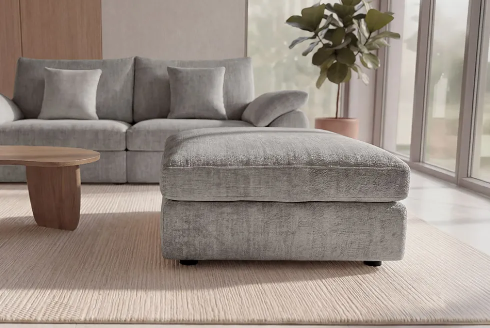 Großer Hocker SOHO 100cm grau Chenillestoff Polsterhocker mit Wellenunterfederung