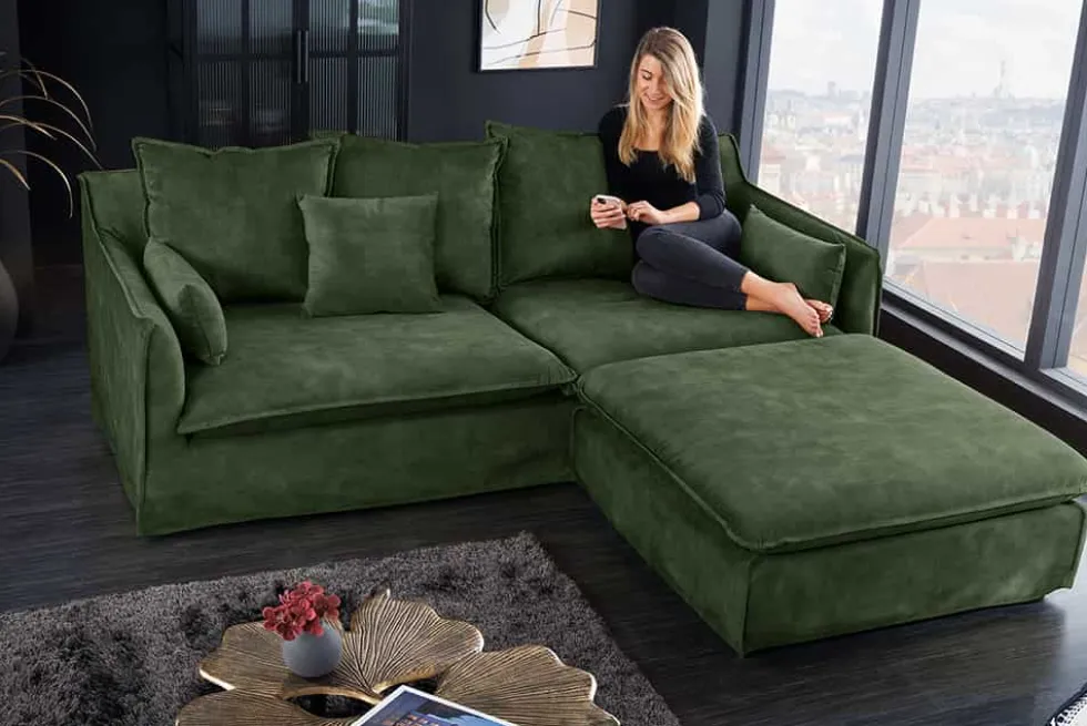 Großer Hussenhocker HEAVEN 100cm dunkelgrün Samt Landhausstil Sofahocker waschbarer Bezug