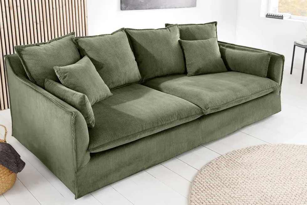 Großes 3-Sitzer Sofa HEAVEN 200cm grün Cord Federkern Hussensofa